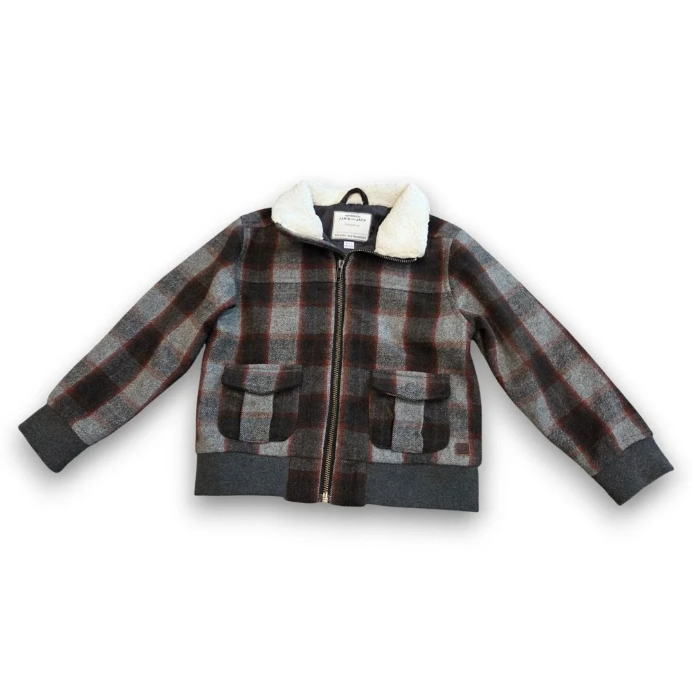 Janie and Jack Bomber Jacket Sherpa Collar Zip Up Flannel Plaid Boys 3-4